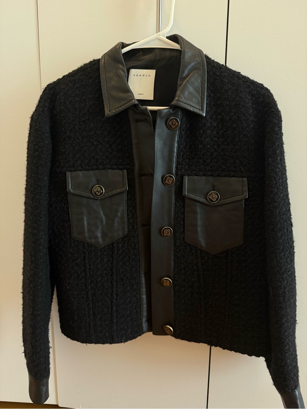 Sandro Black Tweed Jacket with Leather Trim